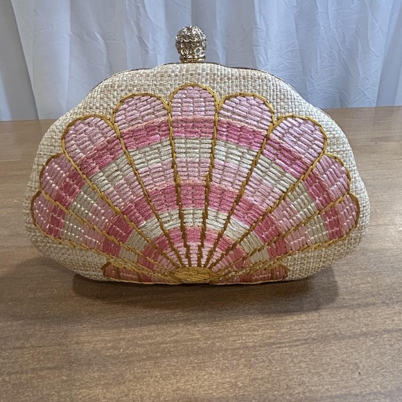 Source Unknown Handbags - Shell Clutch Bag Womens Small Beige Straw Rhinestone Chain Evening Purse